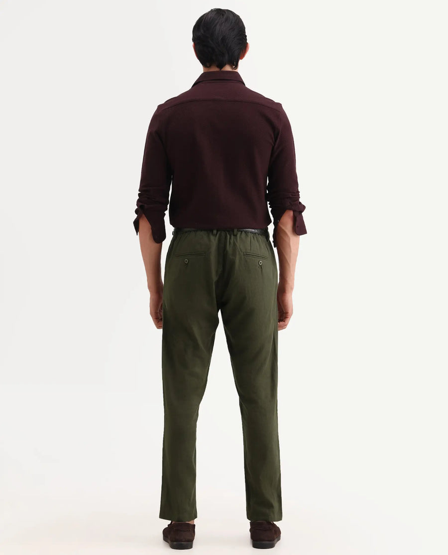 Rare Rabbit Men's Jomo-Ss26 Olive Linen Blend Fabric Regular Fit Plain Trouser