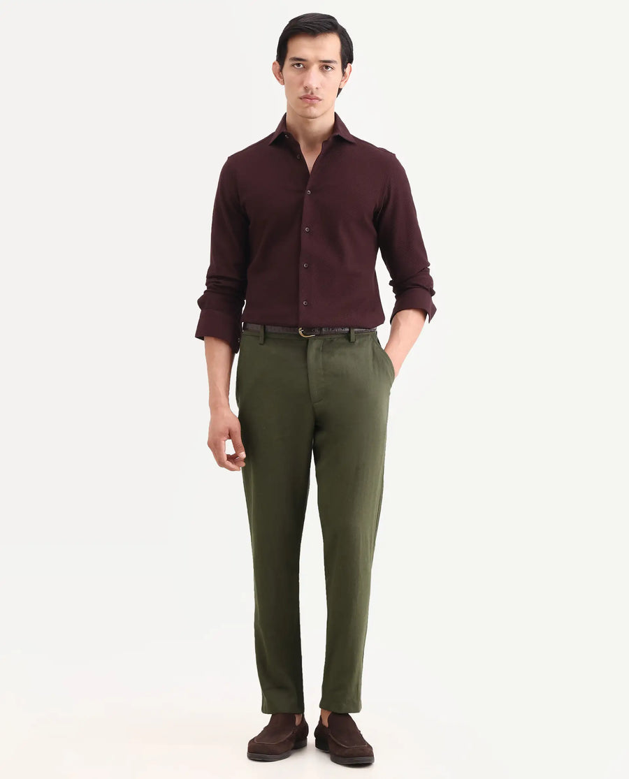 Rare Rabbit Men's Jomo-Ss26 Olive Linen Blend Fabric Regular Fit Plain Trouser