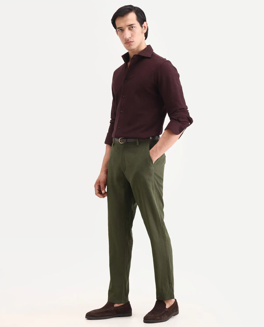 Rare Rabbit Men's Jomo-Ss26 Olive Linen Blend Fabric Regular Fit Plain Trouser