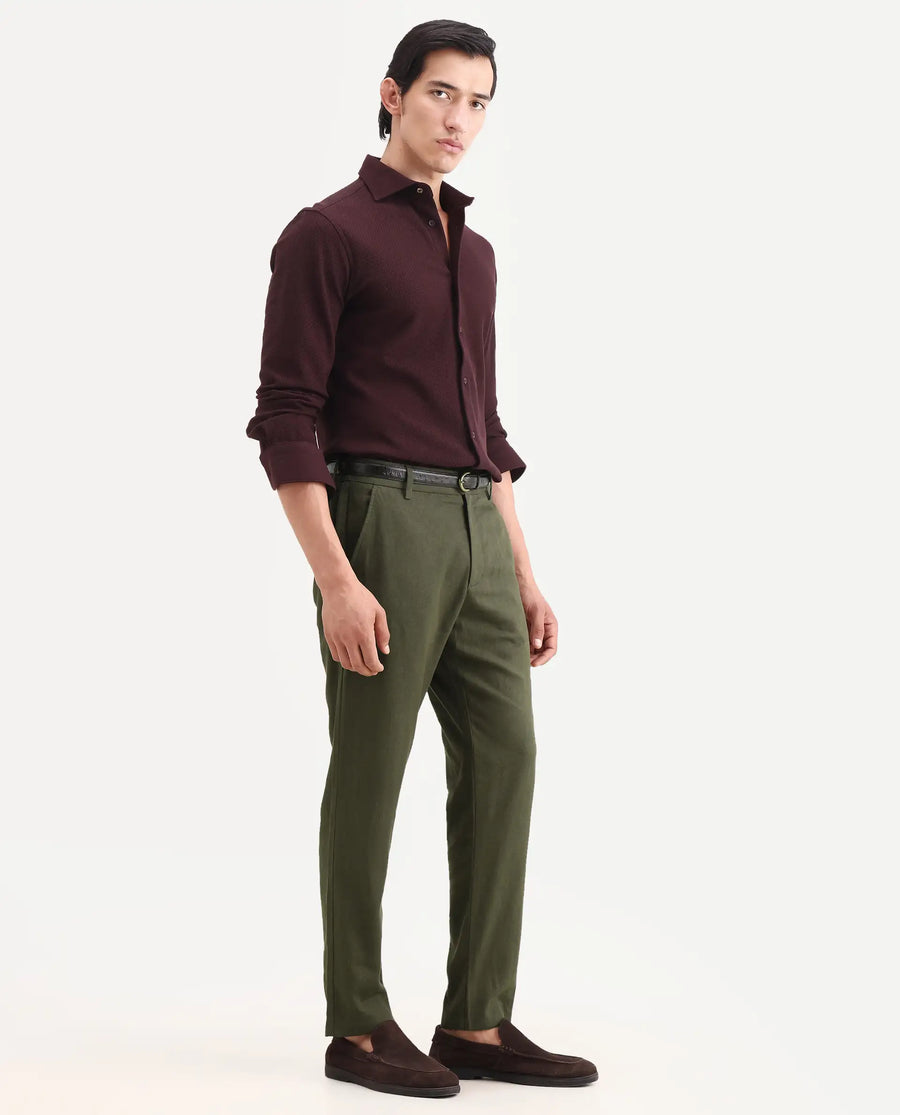 Rare Rabbit Men's Jomo-Ss26 Olive Linen Blend Fabric Regular Fit Plain Trouser