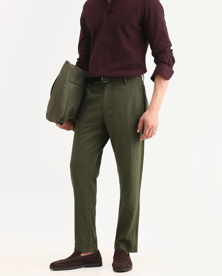 Rare Rabbit Men's Jomo-Ss26 Olive Linen Blend Fabric Regular Fit Plain Trouser