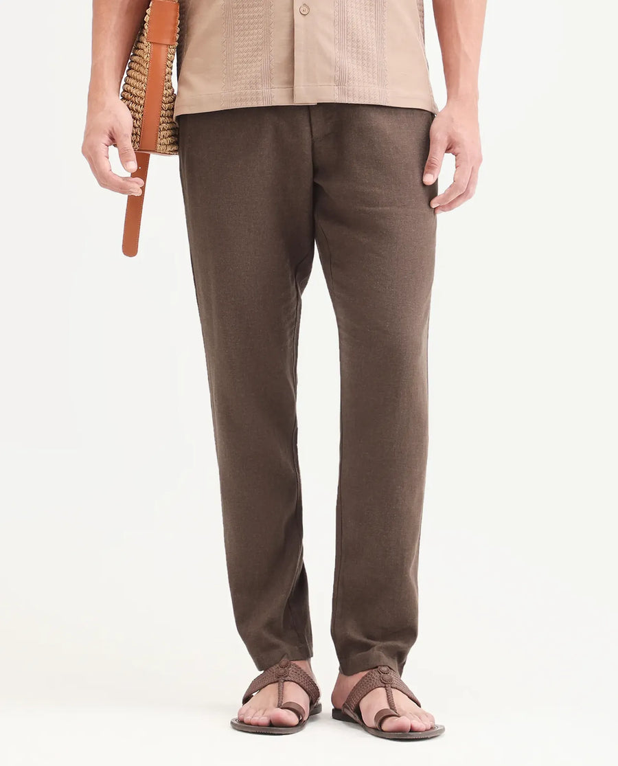 Rare Rabbit Men's Jomo-Ss26 Brown Linen Blend Fabric Regular Fit Plain Trouser
