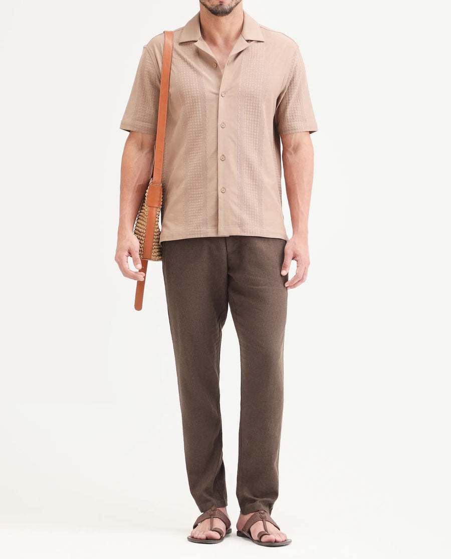 Rare Rabbit Men's Jomo-Ss26 Brown Linen Blend Fabric Regular Fit Plain Trouser