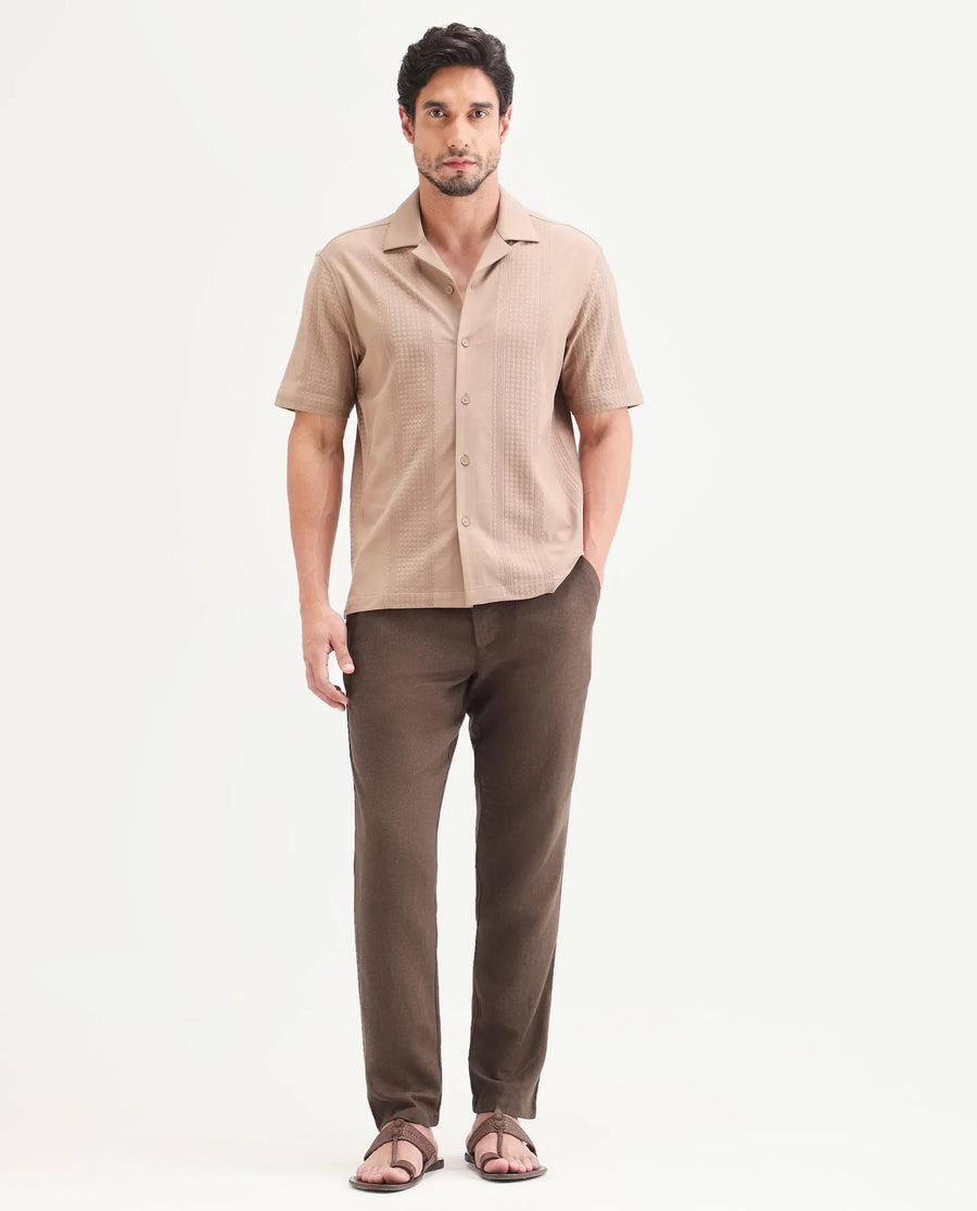 Rare Rabbit Men's Jomo-Ss26 Brown Linen Blend Fabric Regular Fit Plain Trouser