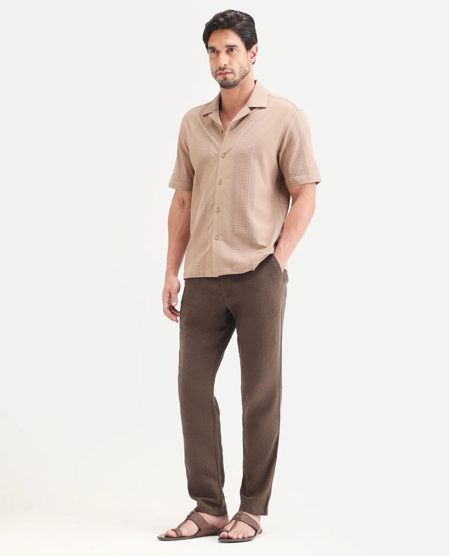 Rare Rabbit Men's Jomo-Ss26 Brown Linen Blend Fabric Regular Fit Plain Trouser