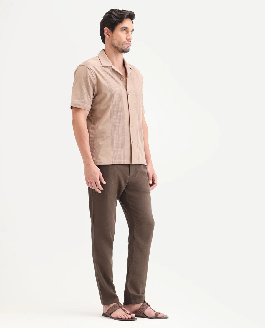 Rare Rabbit Men's Jomo-Ss26 Brown Linen Blend Fabric Regular Fit Plain Trouser