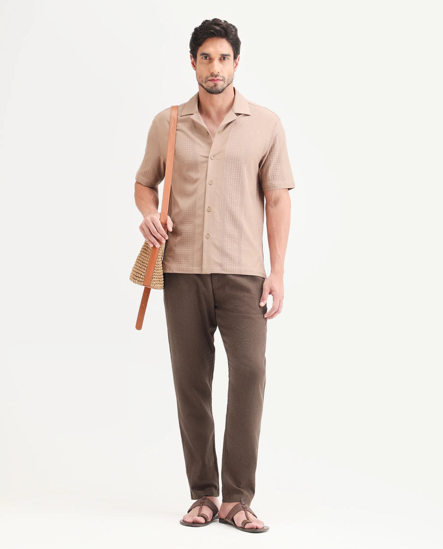 Rare Rabbit Men's Jomo-Ss26 Brown Linen Blend Fabric Regular Fit Plain Trouser