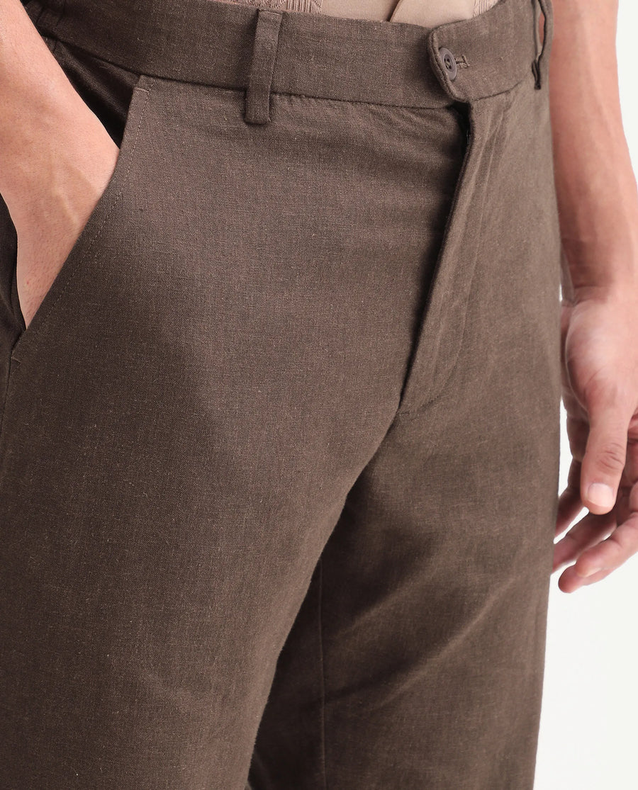 Rare Rabbit Men's Jomo-Ss26 Brown Linen Blend Fabric Regular Fit Plain Trouser