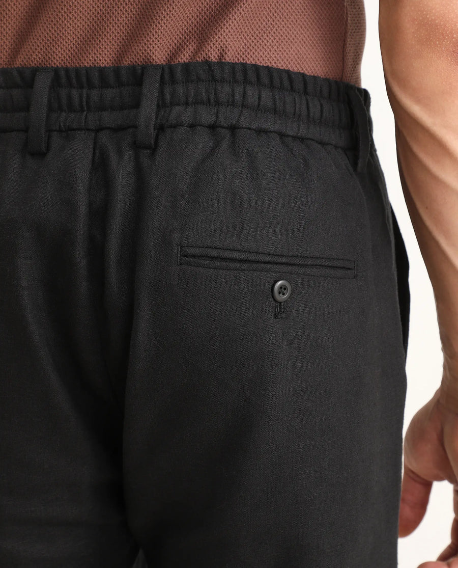 Rare Rabbit Men's Jomo-Ss26 Black Linen Blend Fabric Regular Fit Plain Trouser