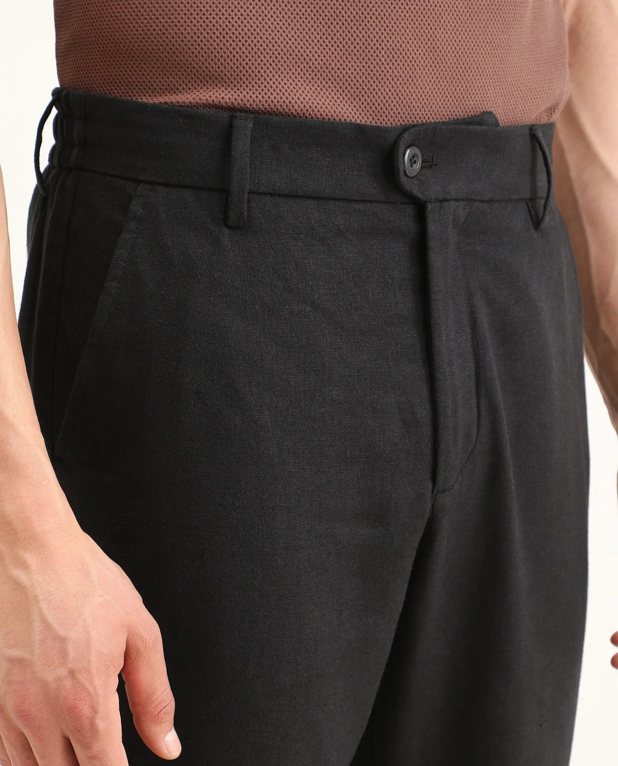 Rare Rabbit Men's Jomo-Ss26 Black Linen Blend Fabric Regular Fit Plain Trouser