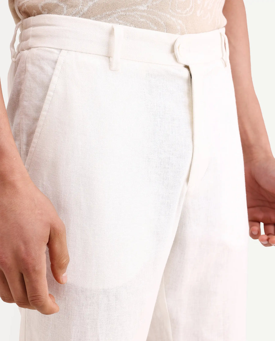 Rare Rabbit Men's Jomo-Ss26 Off White Linen Blend Fabric Regular Fit Plain Trouser