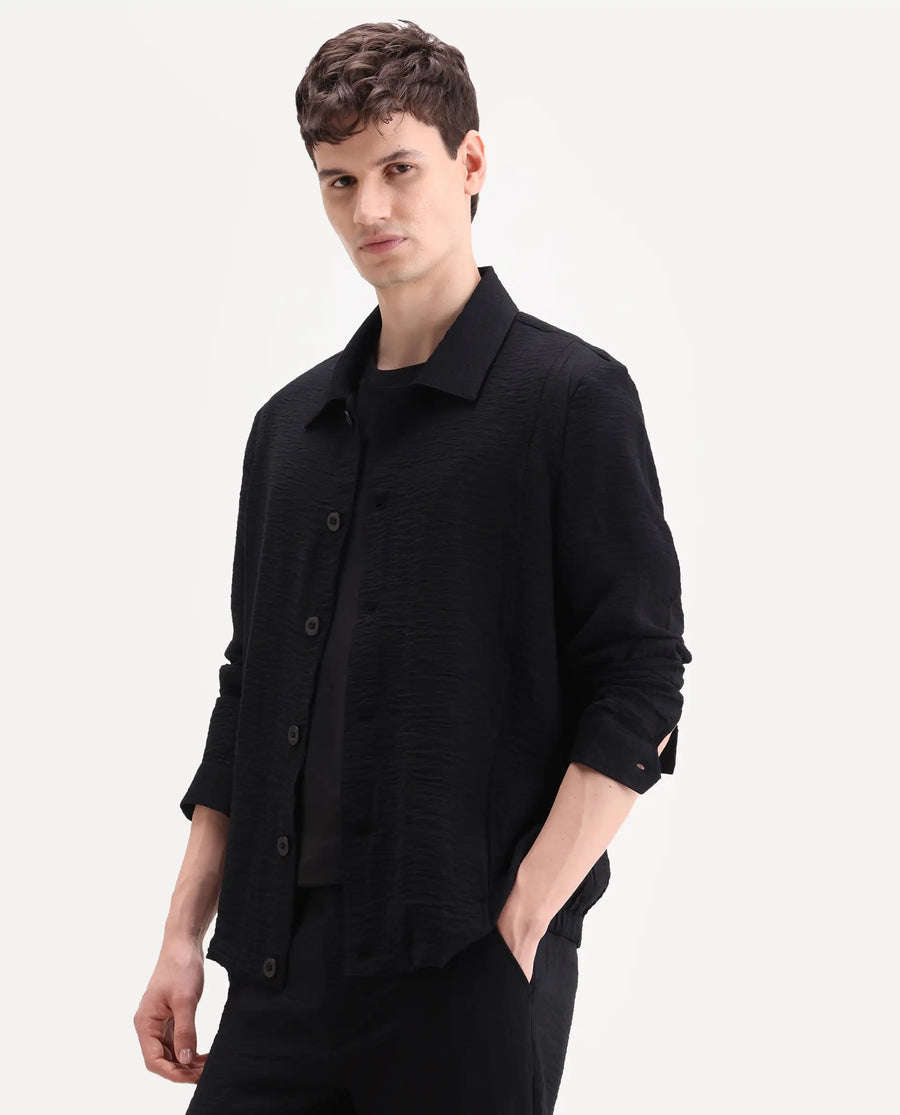 Rare Rabbit Men's Veon-J Black Viscose Blend Fabric Full Sleeve Spread Collar Regular Fit Plain Shacket