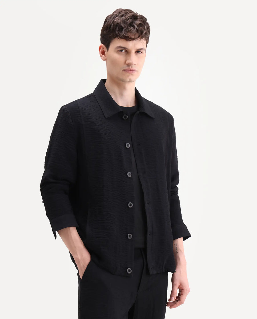 Rare Rabbit Men's Veon-J Black Viscose Blend Fabric Full Sleeve Spread Collar Regular Fit Plain Shacket