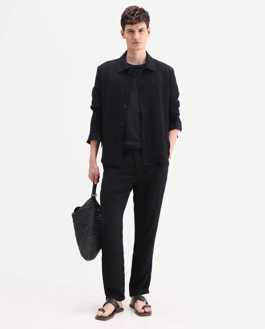 Rare Rabbit Men's Veon-J Black Viscose Blend Fabric Full Sleeve Spread Collar Regular Fit Plain Shacket