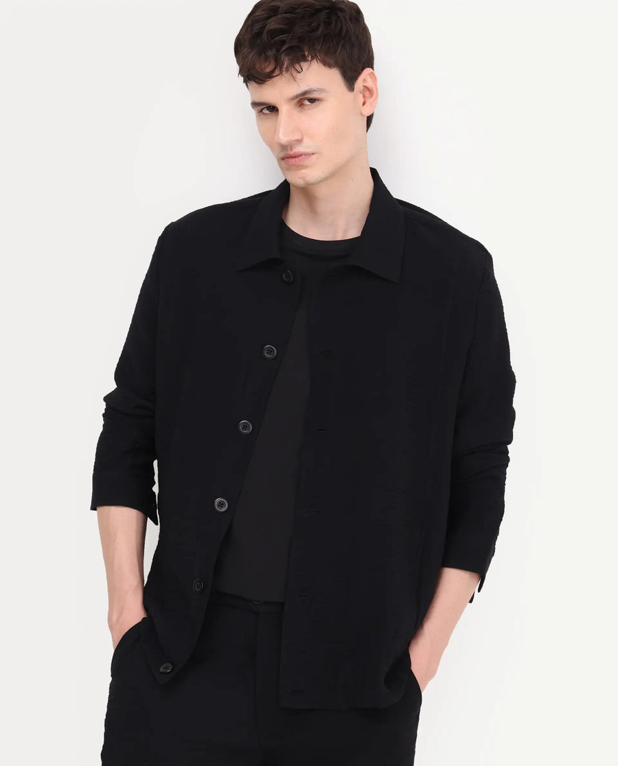 Rare Rabbit Men's Veon-J Black Viscose Blend Fabric Full Sleeve Spread Collar Regular Fit Plain Shacket