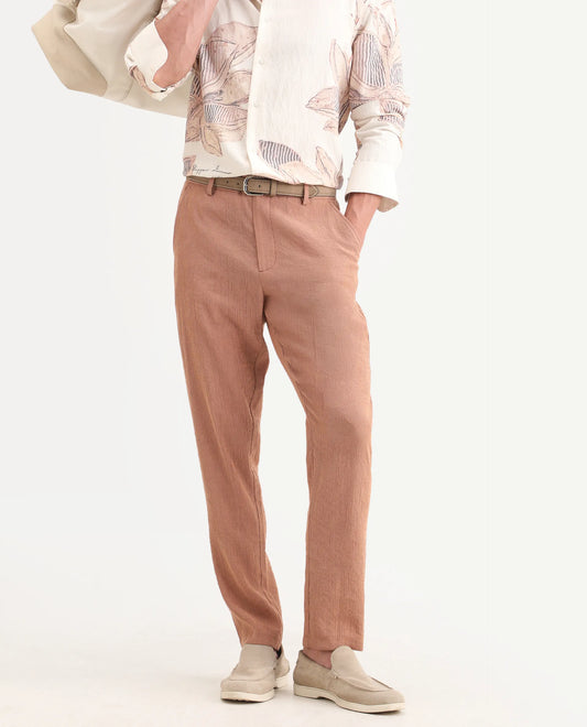 Rare Rabbit Men's Tali-T Dusky Rust Viscose Blend Fabric Regular Fit Plain Trouser