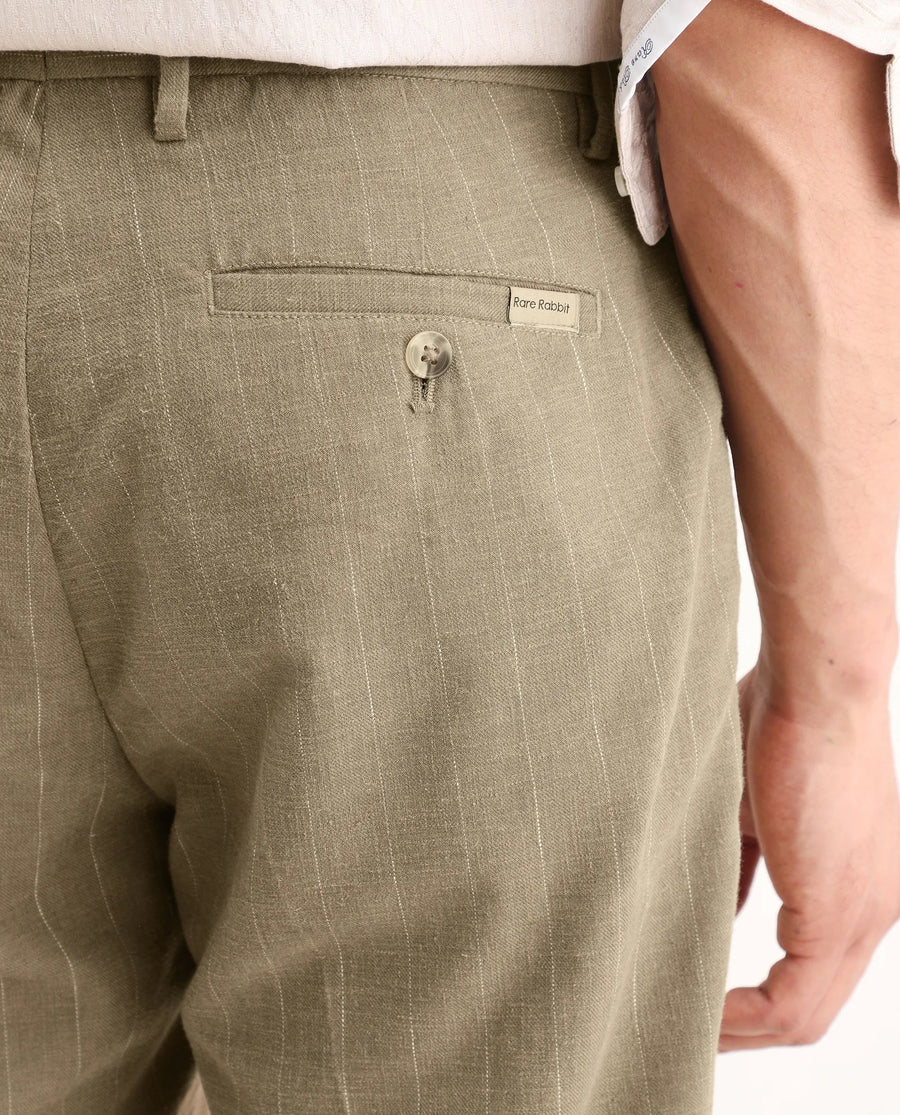 Rare Rabbit Men's Jlo-Ss26 Khaki Linen Blend Fabric Regular Fit Striped Trouser