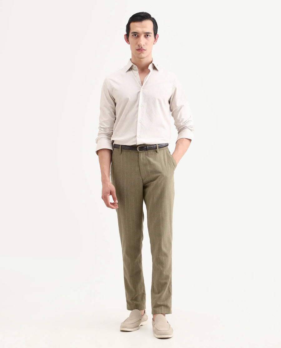 Rare Rabbit Men's Jlo-Ss26 Khaki Linen Blend Fabric Regular Fit Striped Trouser