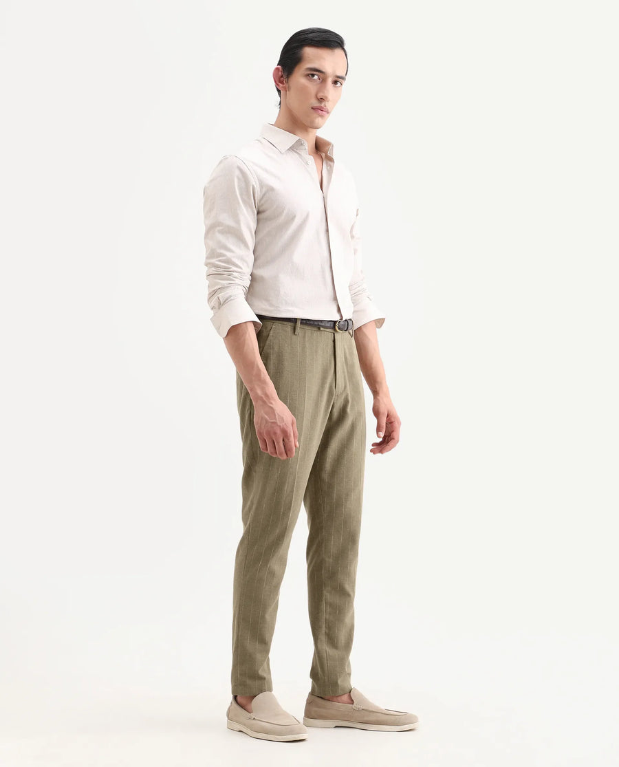 Rare Rabbit Men's Jlo-Ss26 Khaki Linen Blend Fabric Regular Fit Striped Trouser