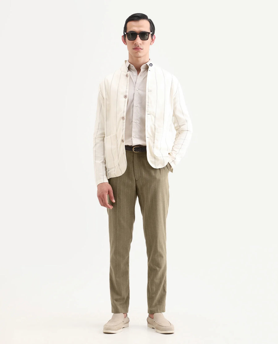 Rare Rabbit Men's Jlo-Ss26 Khaki Linen Blend Fabric Regular Fit Striped Trouser