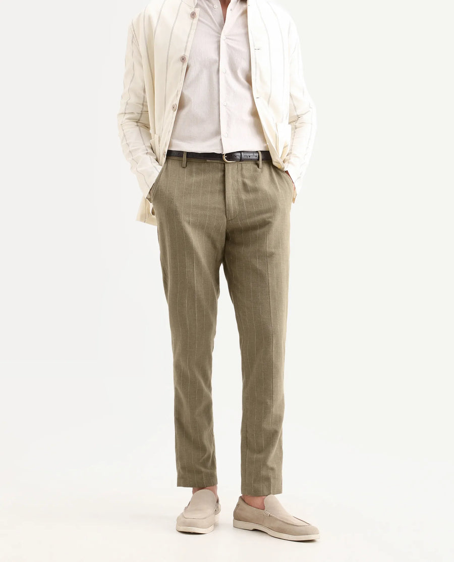Rare Rabbit Men's Jlo-Ss26 Khaki Linen Blend Fabric Regular Fit Striped Trouser