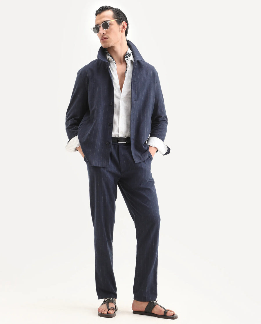 Rare Rabbit Men's Jlo-Ss26 Navy Linen Blend Fabric Regular Fit Striped Trouser