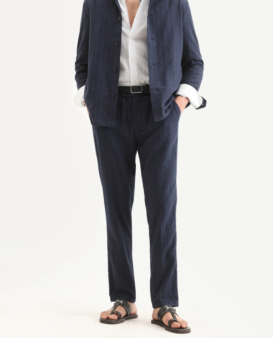 Rare Rabbit Men's Jlo-Ss26 Navy Linen Blend Fabric Regular Fit Striped Trouser