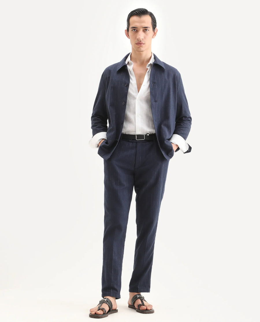 Rare Rabbit Men's Jlo-Ss26 Navy Linen Blend Fabric Regular Fit Striped Trouser