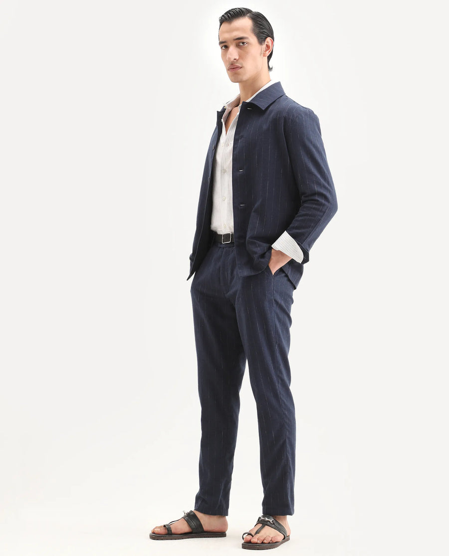 Rare Rabbit Men's Jlo-Ss26 Navy Linen Blend Fabric Regular Fit Striped Trouser