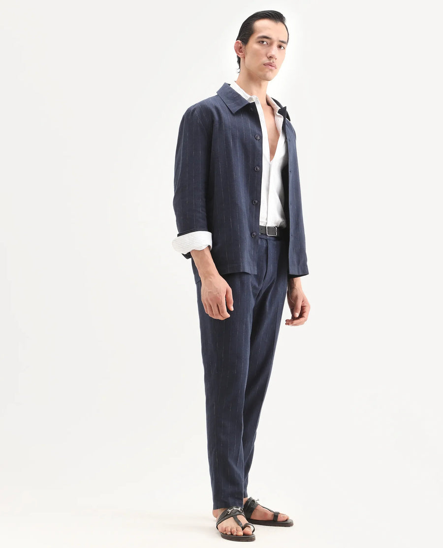 Rare Rabbit Men's Jlo-Ss26 Navy Linen Blend Fabric Regular Fit Striped Trouser