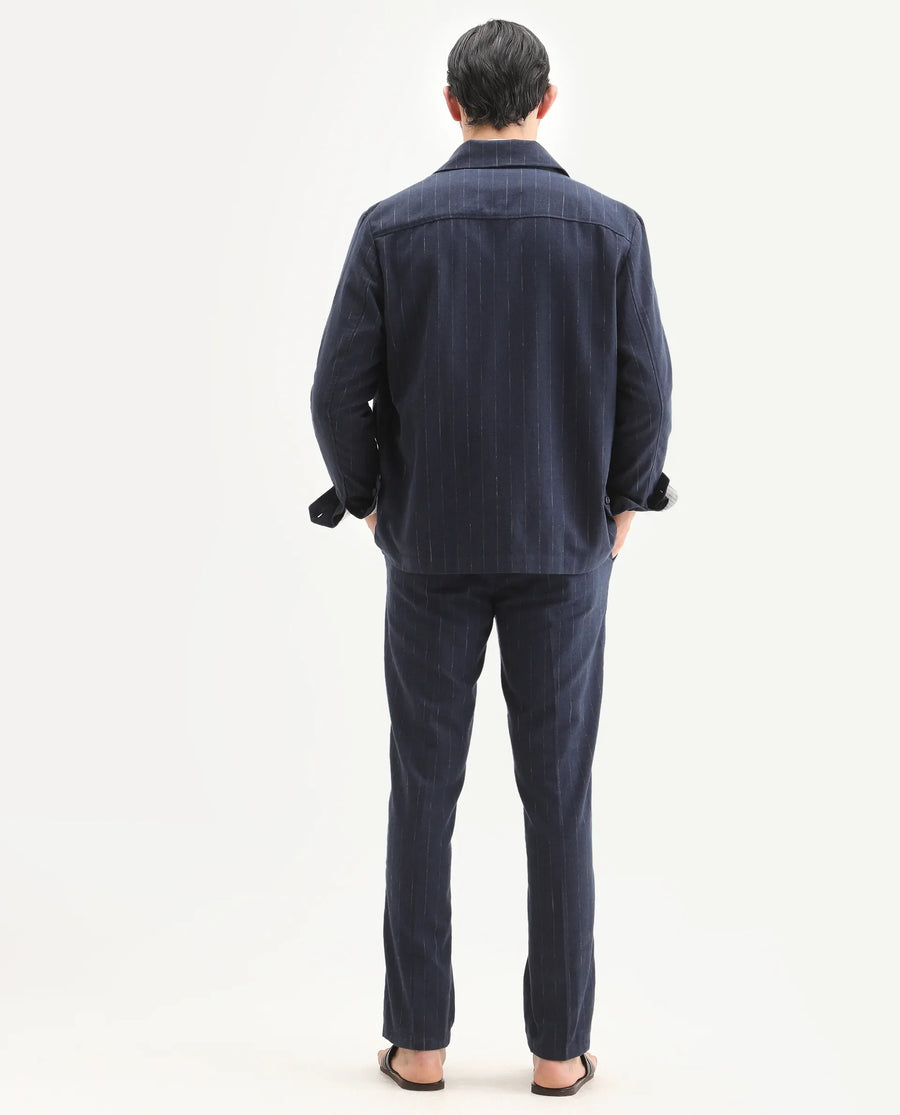 Rare Rabbit Men's Jlo-Ss26 Navy Linen Blend Fabric Regular Fit Striped Trouser