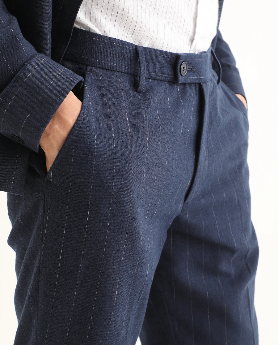 Rare Rabbit Men's Jlo-Ss26 Navy Linen Blend Fabric Regular Fit Striped Trouser
