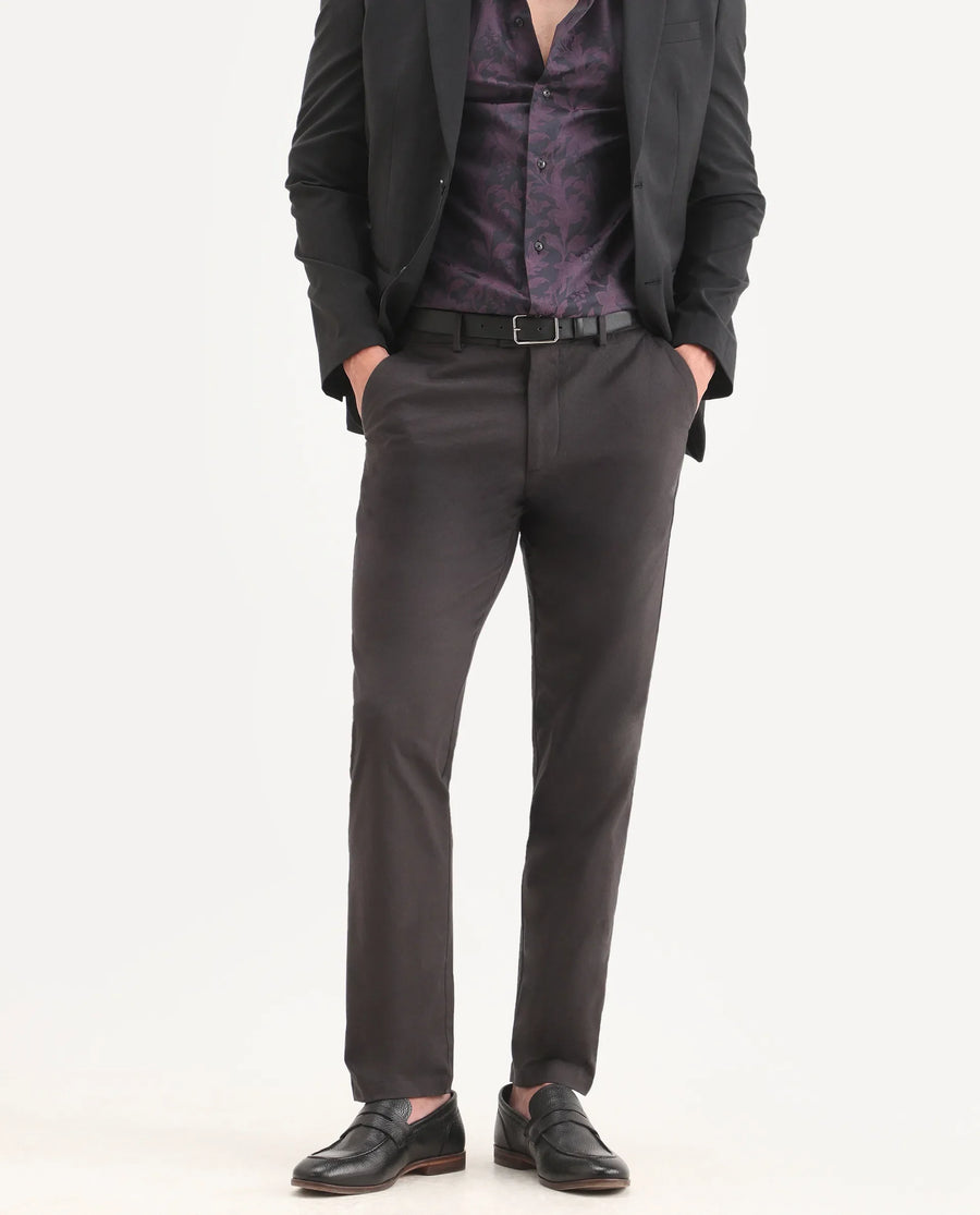 Rare Rabbit Men's Mang Dark Grey Polyester Blend Fabric Regular Fit Plain Trouser