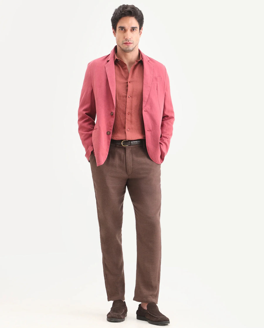 Rare Rabbit Men's Post Brown Cotton Blend Fabric Regular Fit Plain Trouser