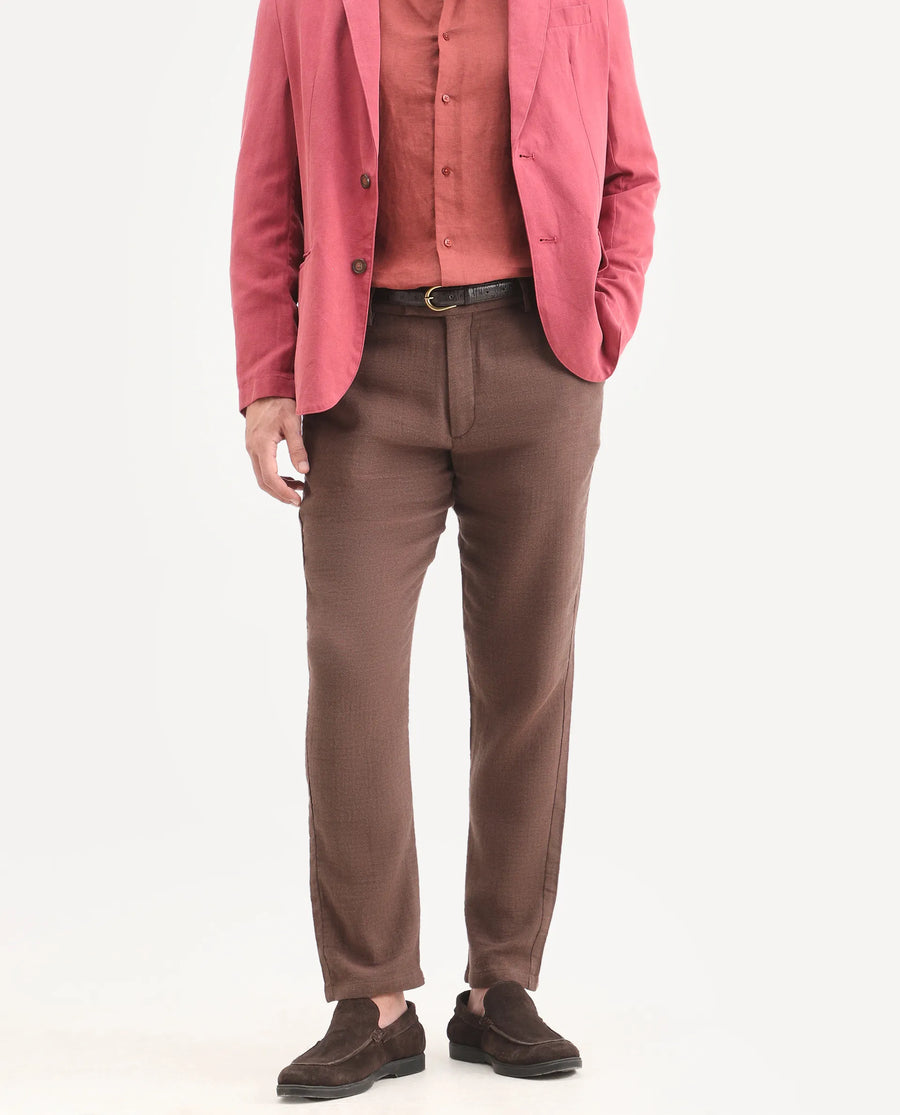 Rare Rabbit Men's Post Brown Cotton Blend Fabric Regular Fit Plain Trouser