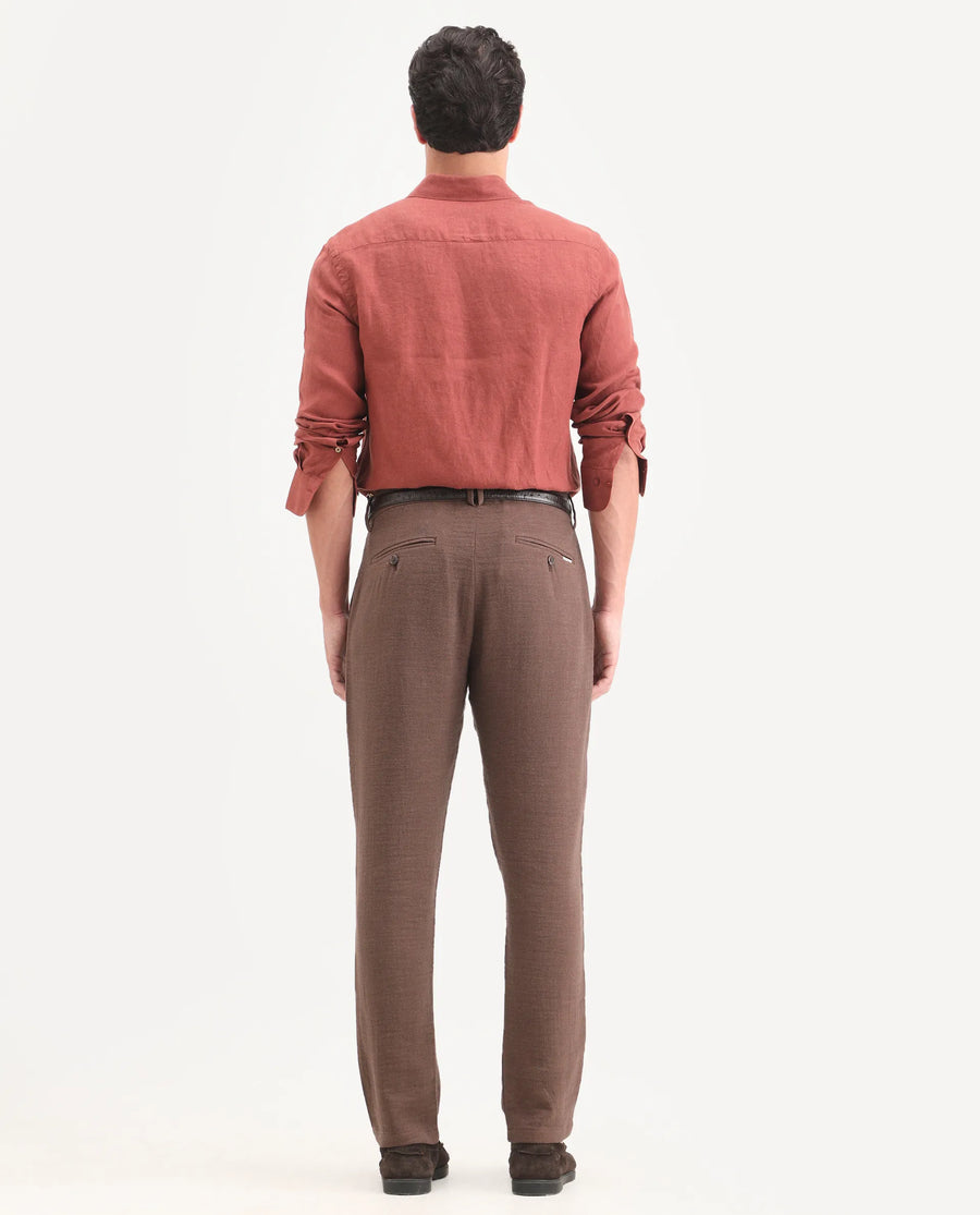 Rare Rabbit Men's Post Brown Cotton Blend Fabric Regular Fit Plain Trouser