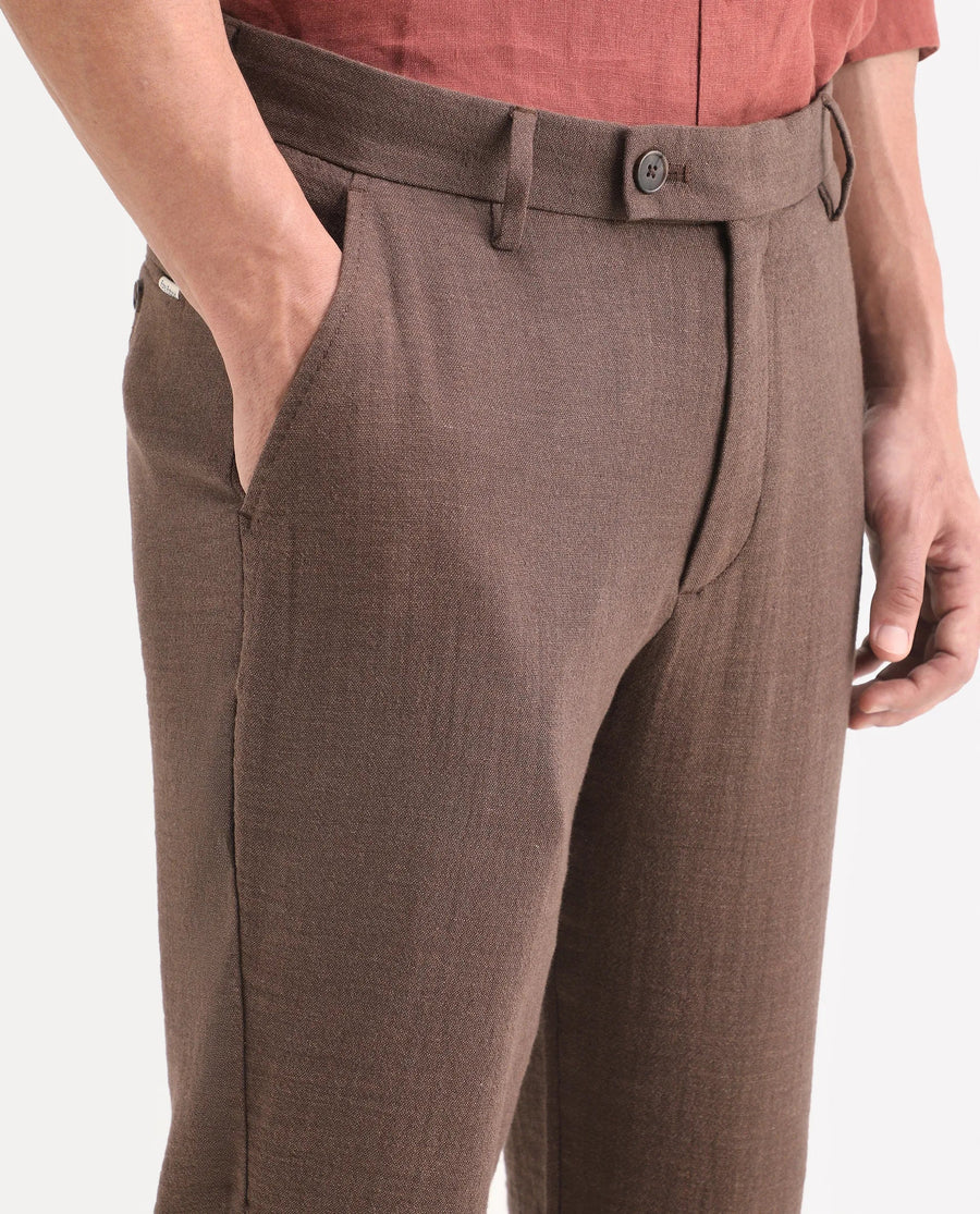 Rare Rabbit Men's Post Brown Cotton Blend Fabric Regular Fit Plain Trouser