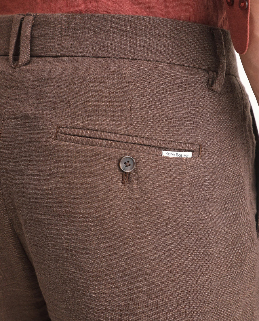 Rare Rabbit Men's Post Brown Cotton Blend Fabric Regular Fit Plain Trouser