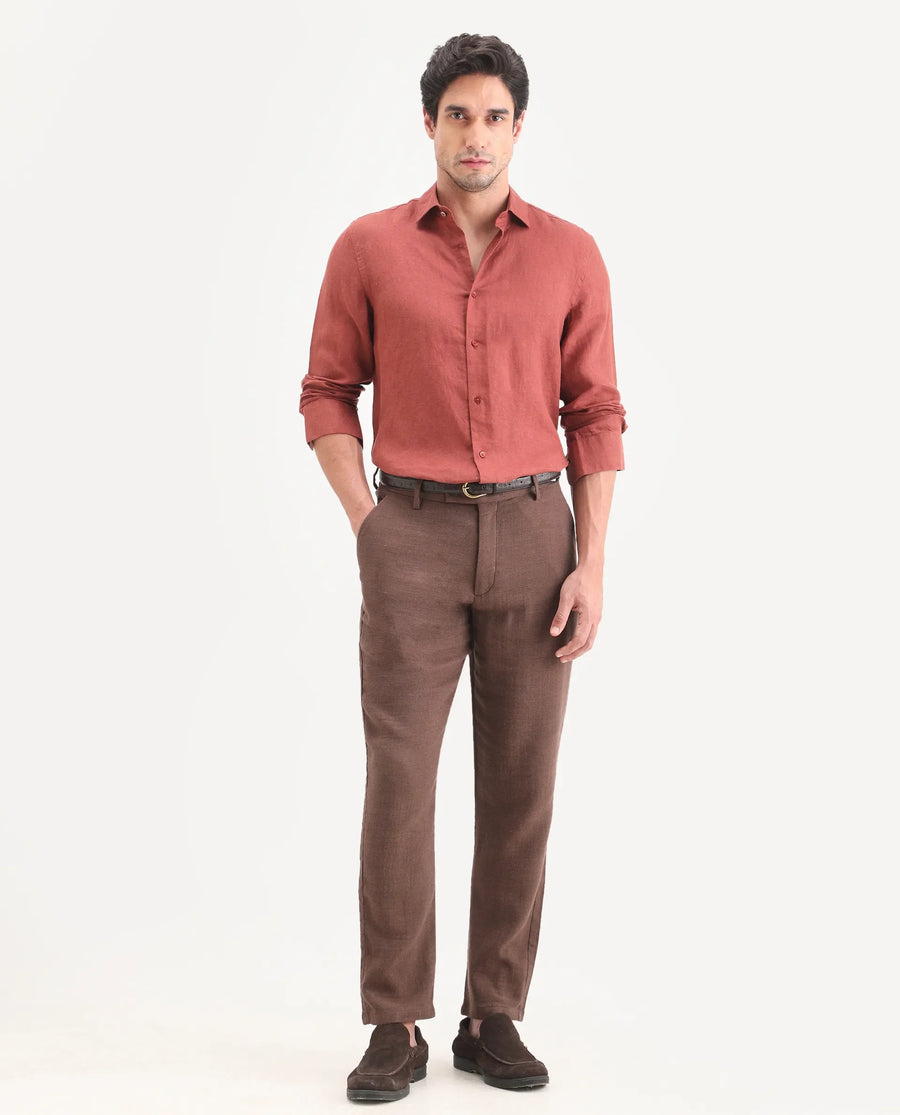 Rare Rabbit Men's Post Brown Cotton Blend Fabric Regular Fit Plain Trouser