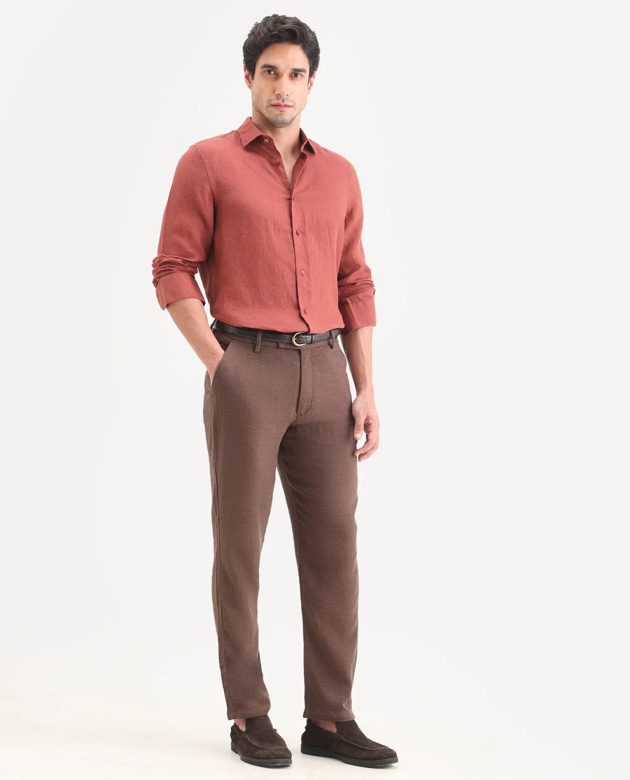 Rare Rabbit Men's Post Brown Cotton Blend Fabric Regular Fit Plain Trouser