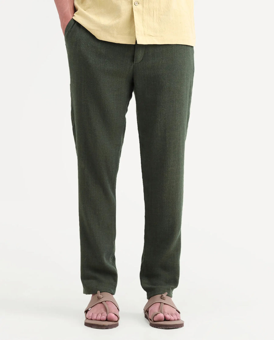 Rare Rabbit Men's Post Olive Cotton Blend Fabric Regular Fit Plain Trouser
