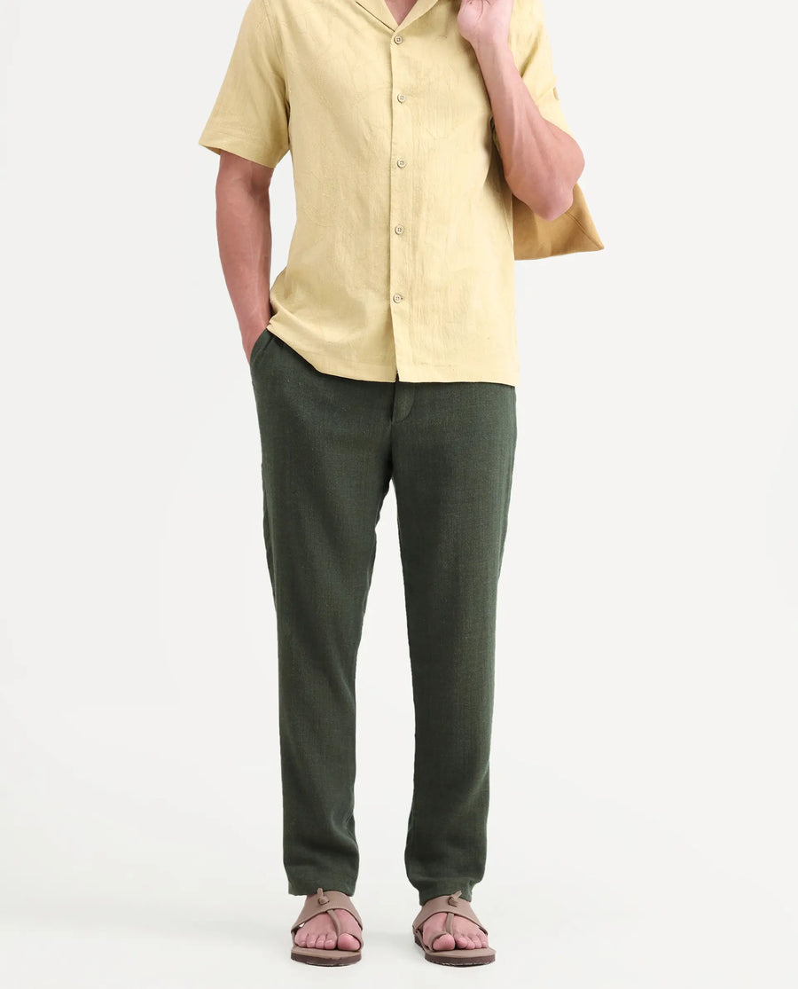 Rare Rabbit Men's Post Olive Cotton Blend Fabric Regular Fit Plain Trouser