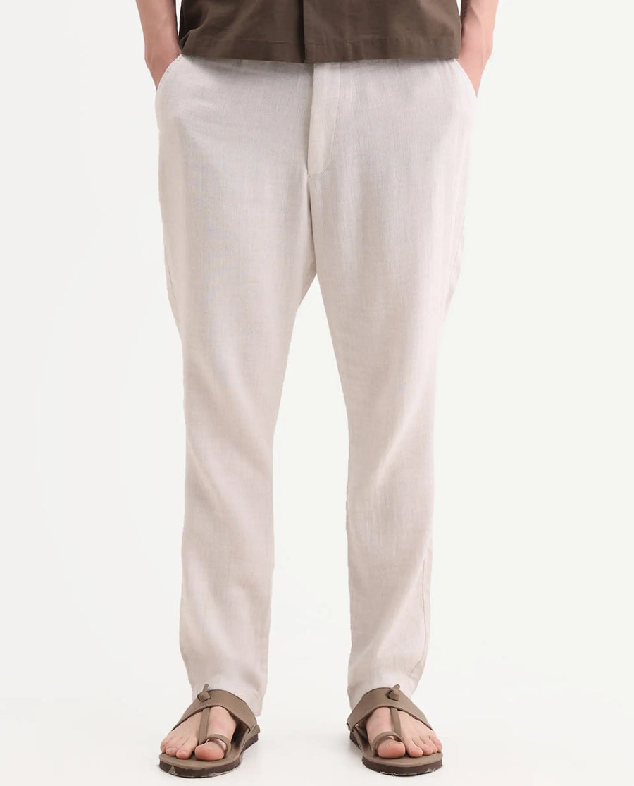 Rare Rabbit Men's Post Off White Cotton Blend Fabric Regular Fit Plain Trouser