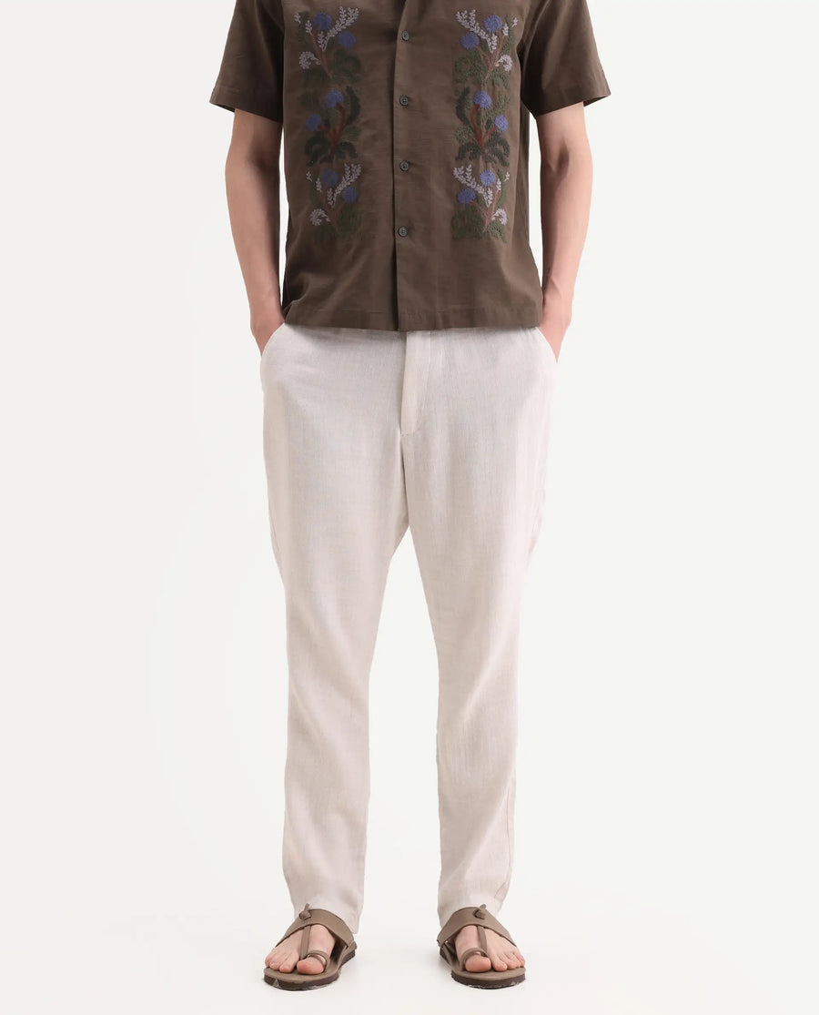 Rare Rabbit Men's Post Off White Cotton Blend Fabric Regular Fit Plain Trouser