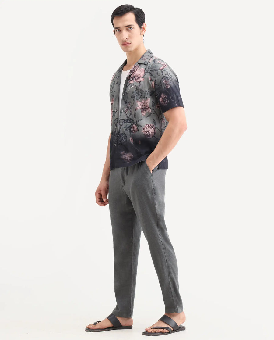 Rare Rabbit Men's Post Grey Cotton Blend Fabric Regular Fit Plain Trouser