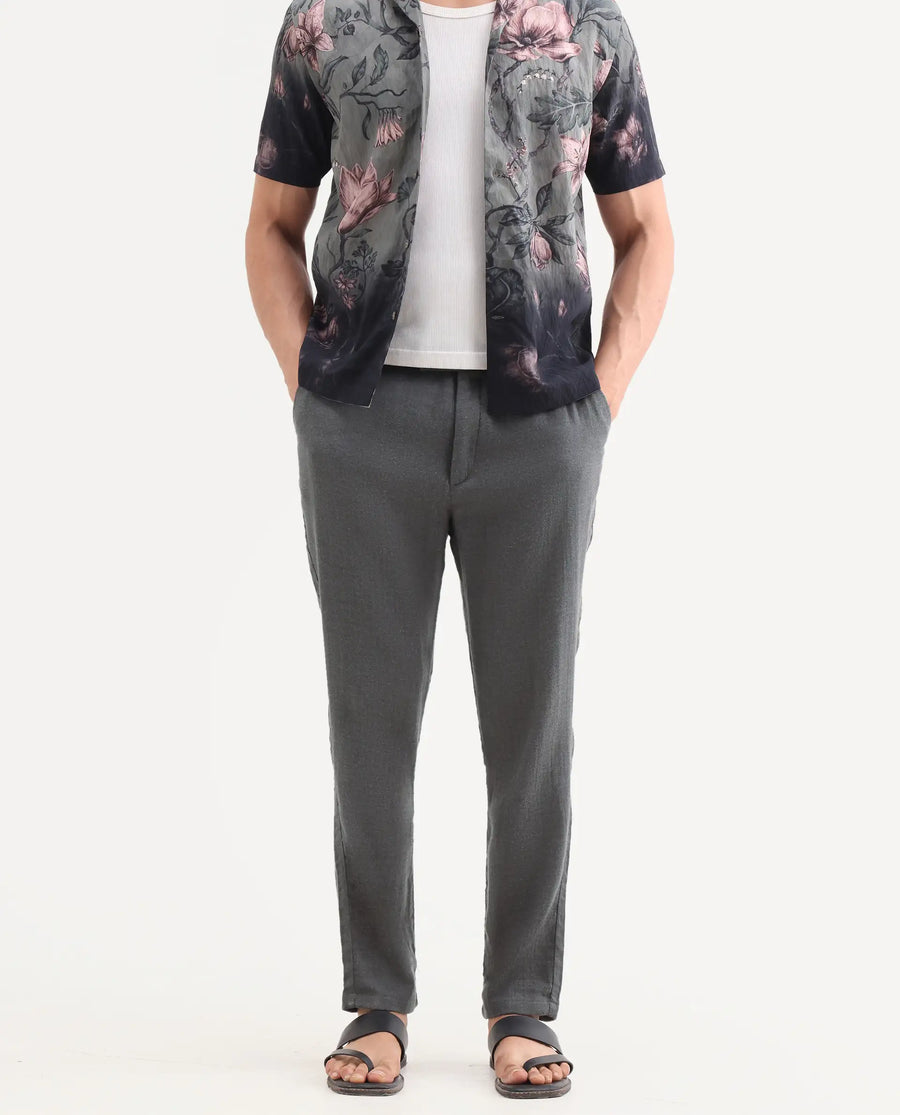 Rare Rabbit Men's Post Grey Cotton Blend Fabric Regular Fit Plain Trouser