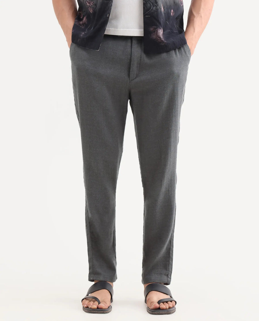 Rare Rabbit Men's Post Grey Cotton Blend Fabric Regular Fit Plain Trouser