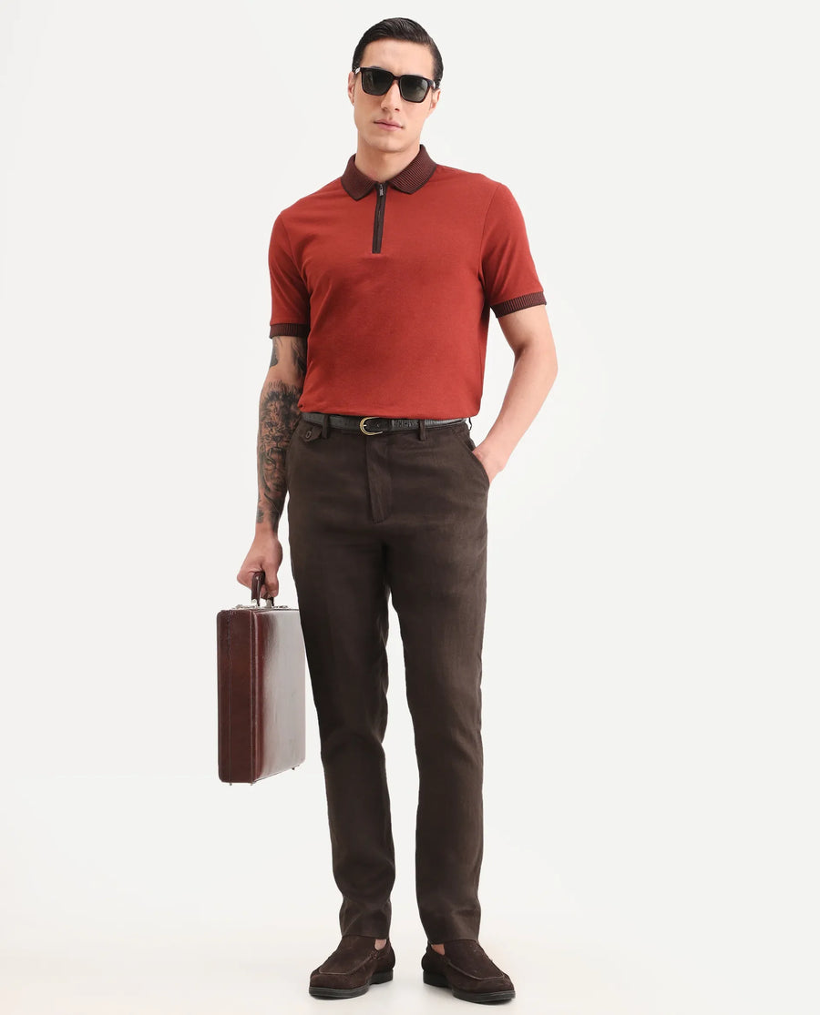 Rare Rabbit Men's Arcelo-Ss26 Dark Brown 100% Linen Fabric Regular Fit Plain Trouser