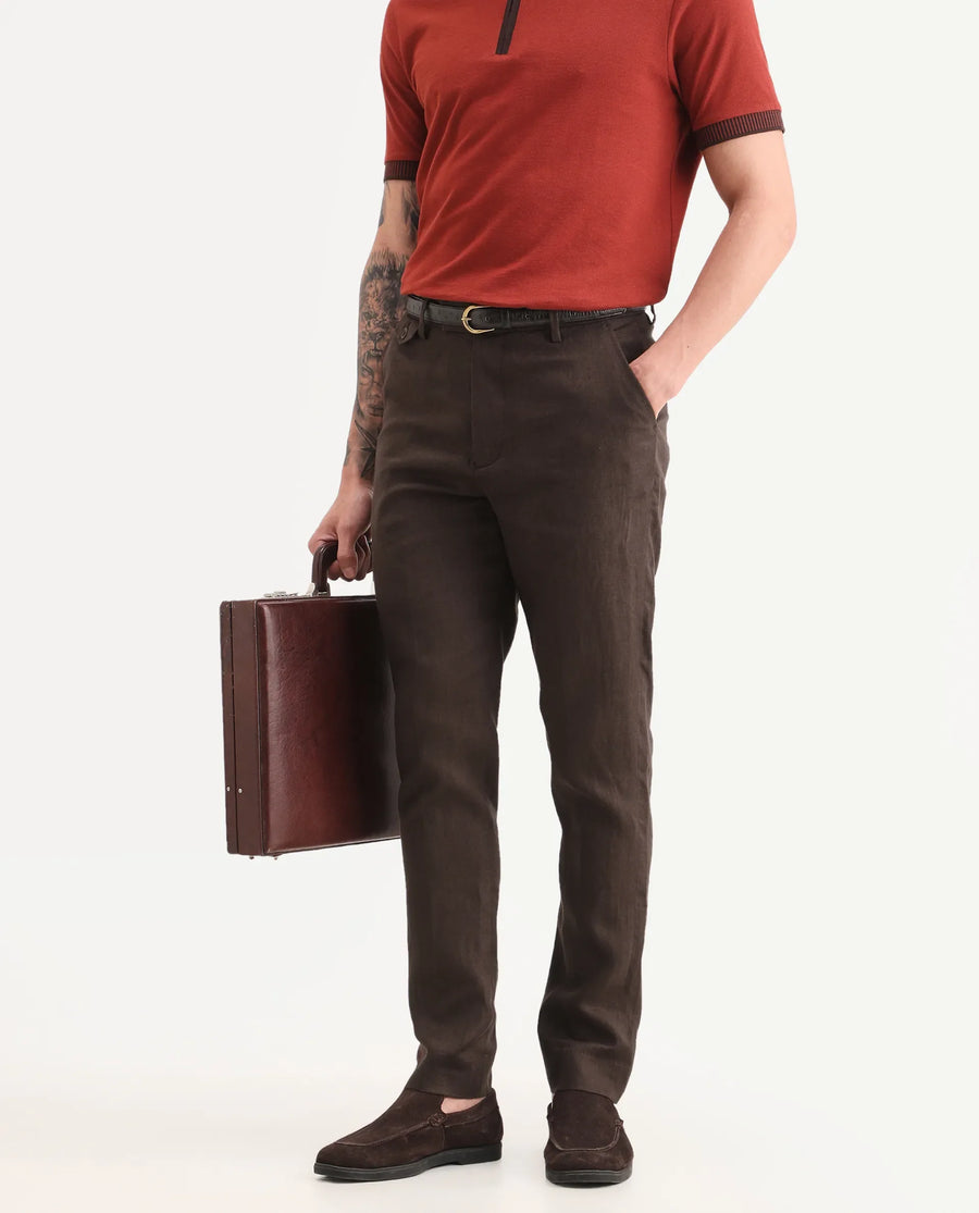 Rare Rabbit Men's Arcelo-Ss26 Dark Brown 100% Linen Fabric Regular Fit Plain Trouser