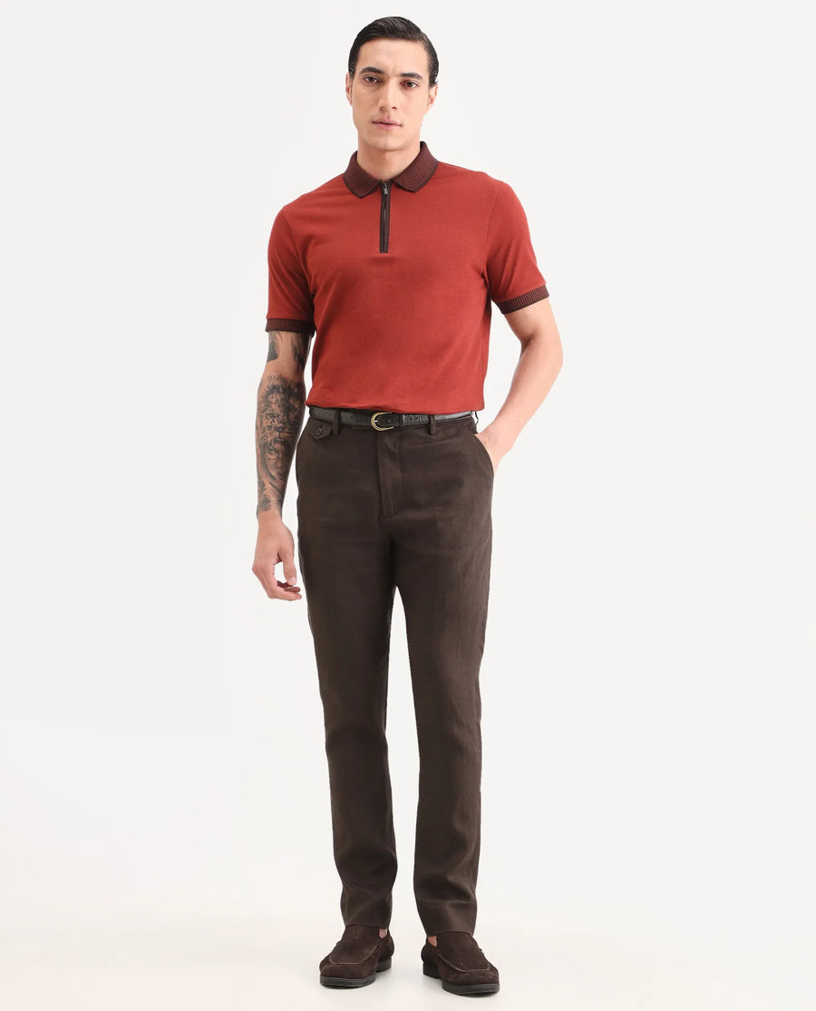 Rare Rabbit Men's Arcelo-Ss26 Dark Brown 100% Linen Fabric Regular Fit Plain Trouser